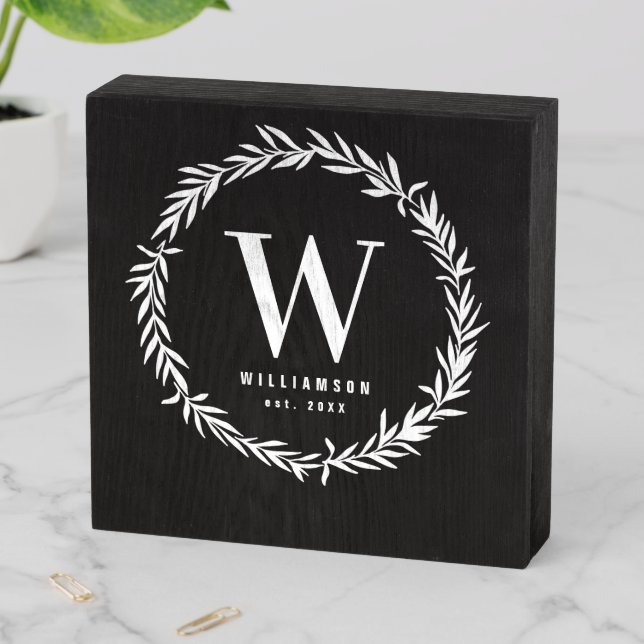 Rustic Botanical Laurel Wreath Family Monogram Wooden Box Sign (In Situ Horizontal)