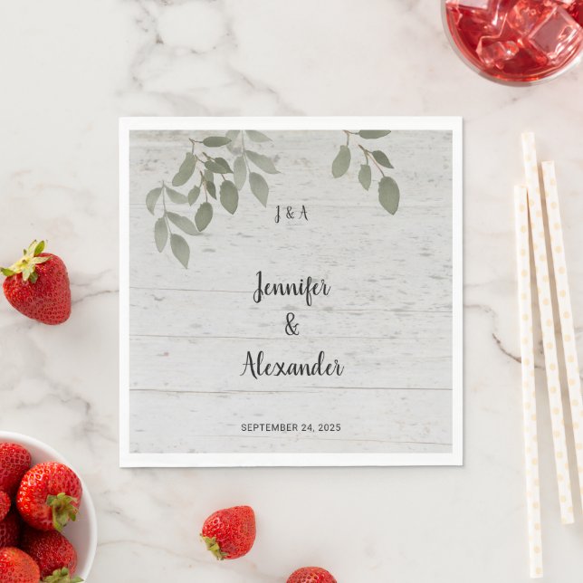  Rustic botanical leaves monogram wedding Napkins (Insitu)
