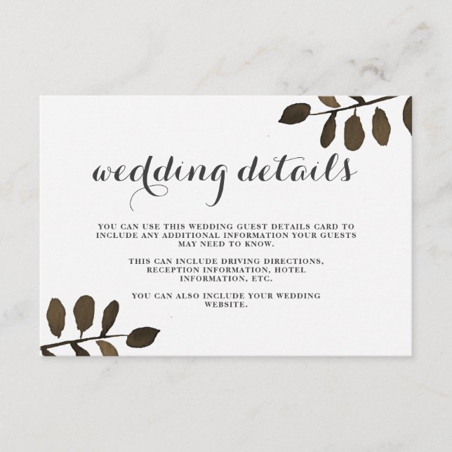 Rustic Botanical Leaves Wedding Guest Details Card (Front)