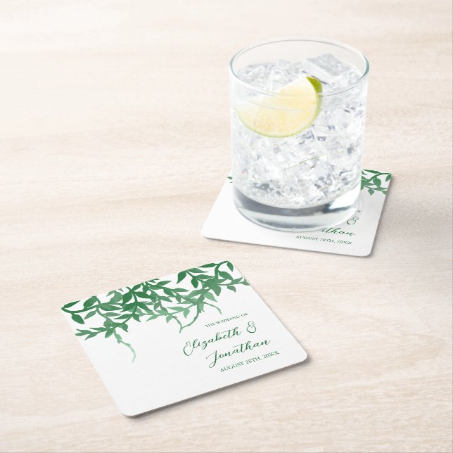 Rustic Botanical Leaves Wedding Square Paper Coaster (Insitu)