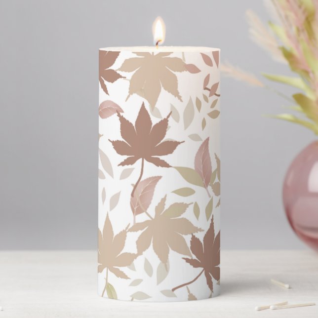 Rustic Botanical Maple Leaves Pattern Cozy Fall Pillar Candle (In Situ)