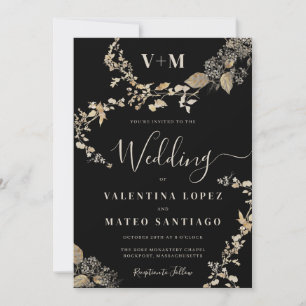 Rustic Botanical Monogram Black Wedding Invitation