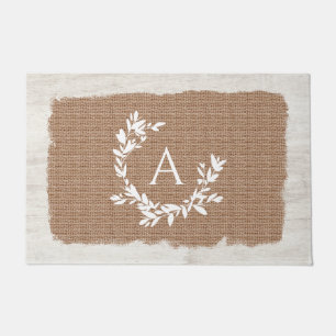 Rustic Botanical Monogram Initial Burlap Wood Doormat