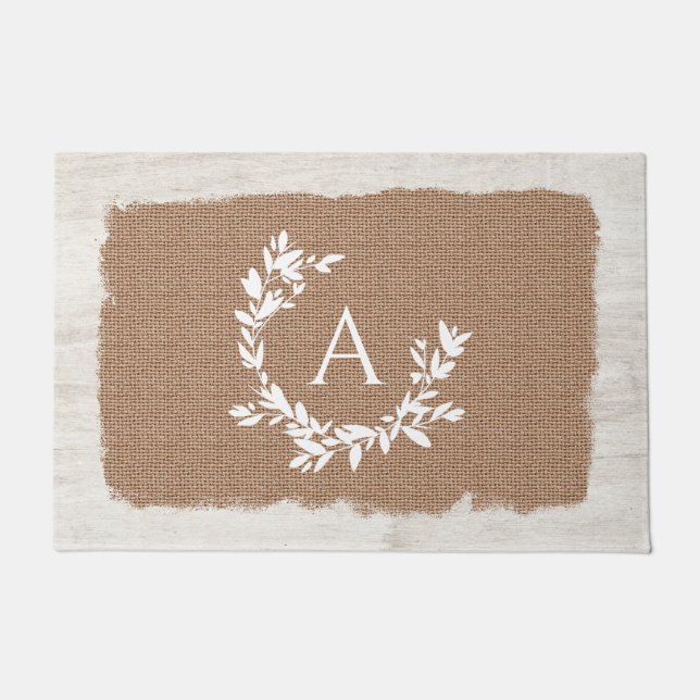 Rustic Botanical Monogram Initial Burlap Wood Doormat (Front)