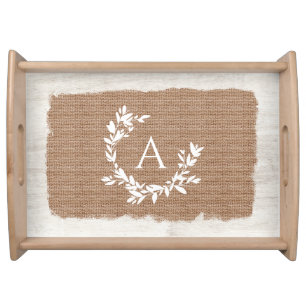Rustic Botanical Monogram Initial Burlap Wood Serving Tray