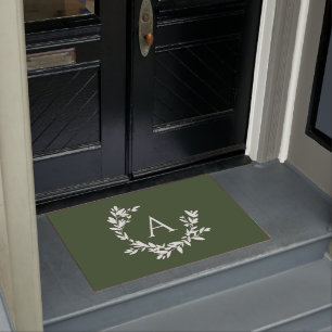 Rustic Botanical Monogram Initial Forest Green Doo Doormat