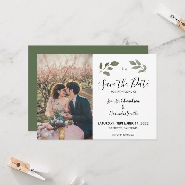 Rustic botanical monogram photo Save the Date Invitation (Front/Back In Situ)