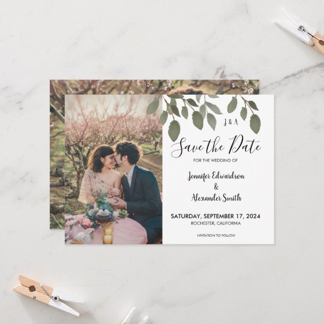 Rustic botanical monogram photo Save the Date Invitation (Front/Back In Situ)