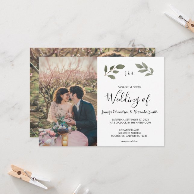 Rustic botanical monogrammed photo Wedding Invitation (Front/Back In Situ)