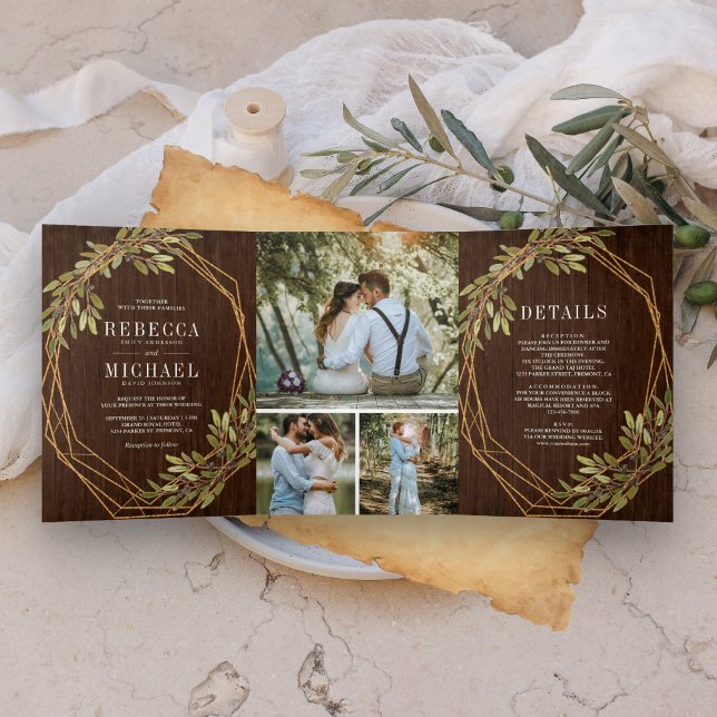 Rustic Botanical Olive Branch Barn Wood Wedding Tri-Fold Invitation (Creator Uploaded)