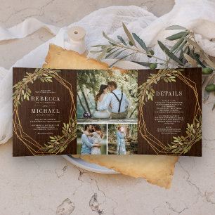 Rustic Botanical Olive Branch Barn Wood Wedding Tri-Fold Invitation