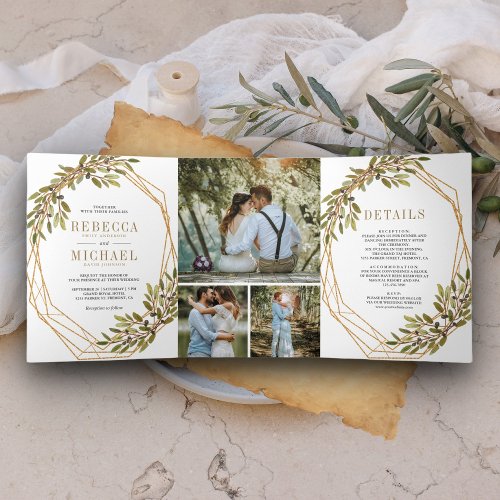 Rustic Botanical Olive Branch Gold Frame Wedding Tri_Fold Invitation