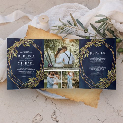 Rustic Botanical Olive Branch Navy Blue Wedding Tri_Fold Invitation