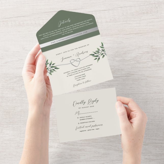 Rustic Botanical Olive Green Wedding All In One Invitation (Tearaway)