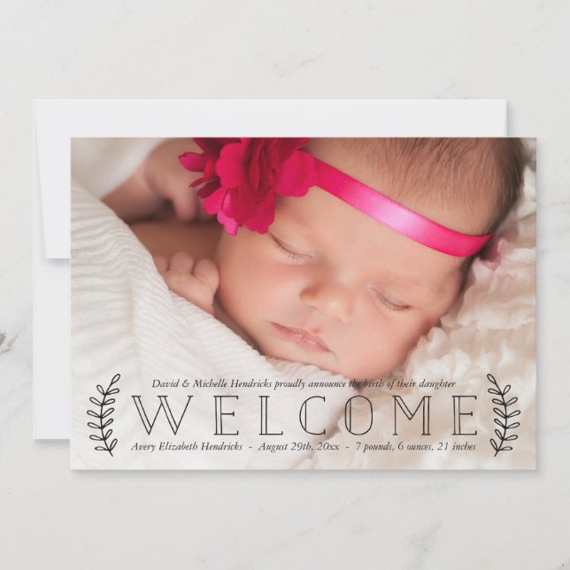 Rustic Botanical Overlay Photo Birth Announcement (Front)