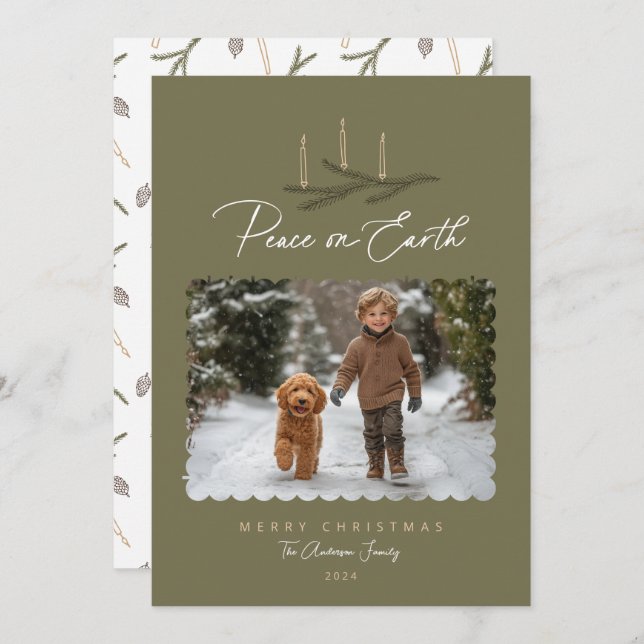 Rustic Botanical Peace on Earth Script Photo Holiday Card (Front/Back)