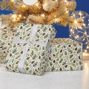 Rustic Botanical Pinecone & Pine Branch Christmas Wrapping Paper