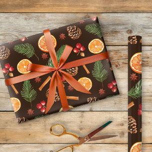 Rustic Botanical Pinecones Pine Orange Pattern Wrapping Paper