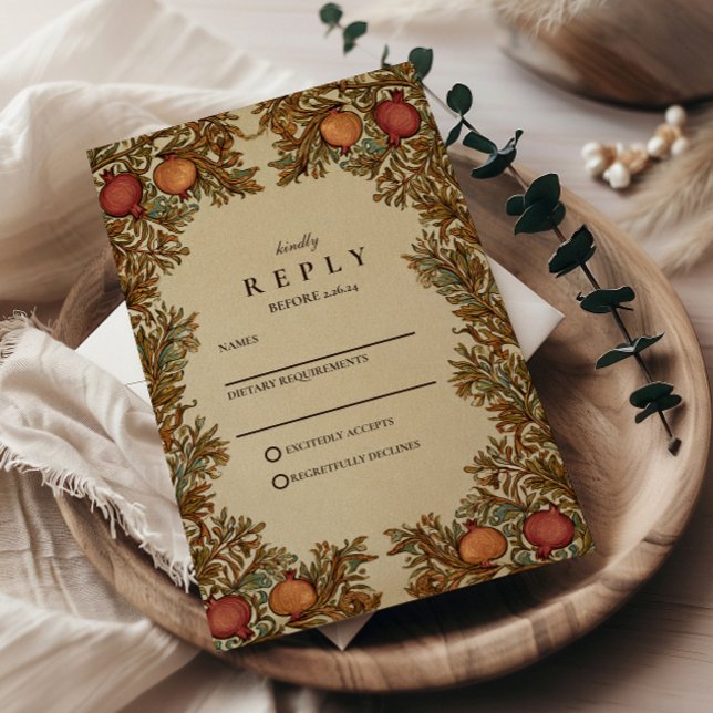 Rustic Botanical Pomegranate Wedding RSVP Card (Creator Uploaded)
