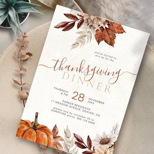 Rustic botanical pumpkin Thanksgiving dinner Invitation