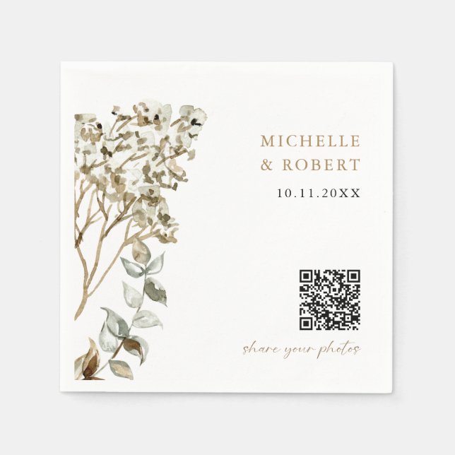 Rustic Botanical QR Code Share your Photos Wedding Napkins (Front)