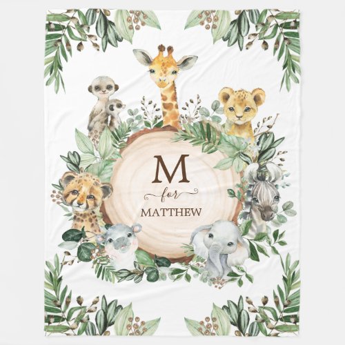 Rustic Botanical Safari Wild Animals Baby Boy Fleece Blanket