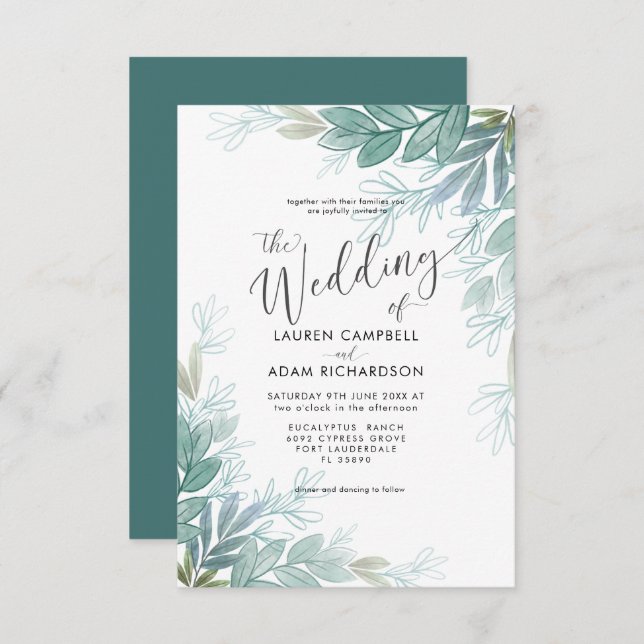 Rustic Botanical Sage Green & Teal  Wedding  Invitation (Front/Back)