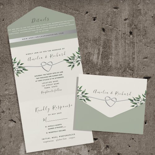 Rustic Botanical Sage Green Wedding All In One Invitation