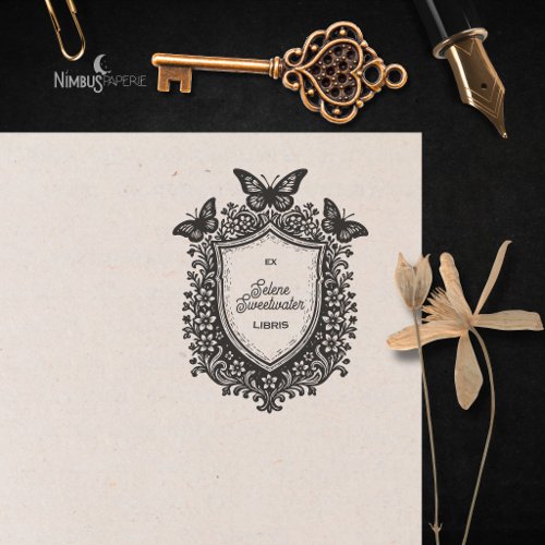 Rustic Botanical Shield Ex Libris Bookplate Stamp