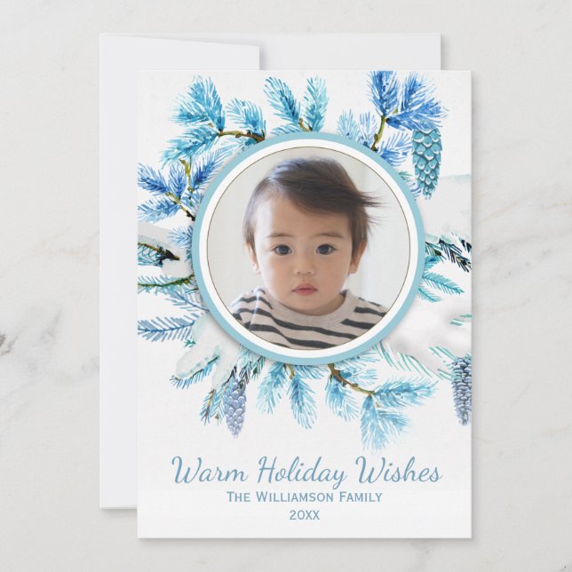 Rustic Botanical Snowy Winter Wreath Holiday Photo Card (Front)