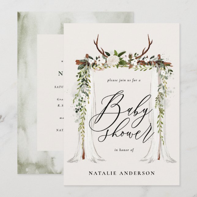 Rustic botanical stag gender neutral baby shower save the date (Front/Back)