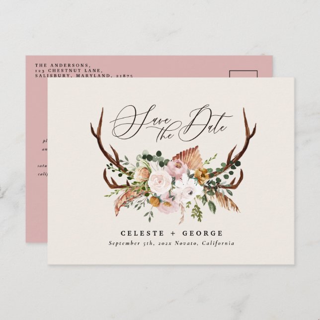 Rustic botanical stag wedding elegant pink announcement postcard (Front/Back)