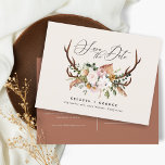 Rustic botanical stag wedding elegant rust announcement postcard<br><div class="desc">Rustic foliage,  floral and stag antlers wedding save the date card. With beautiful watercolor foliage,  white florals,  wood slice and script hand writing. This modern invite is sure to set the style for your upcoming party. Terracotta rust backer.</div>