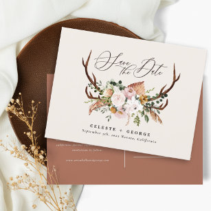 Rustic botanical stag wedding elegant rust announcement postcard