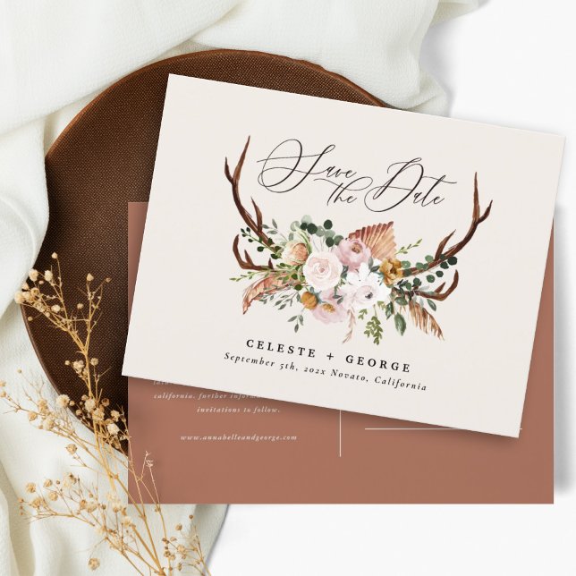 Rustic botanical stag wedding elegant rust announcement postcard (Creator Uploaded)