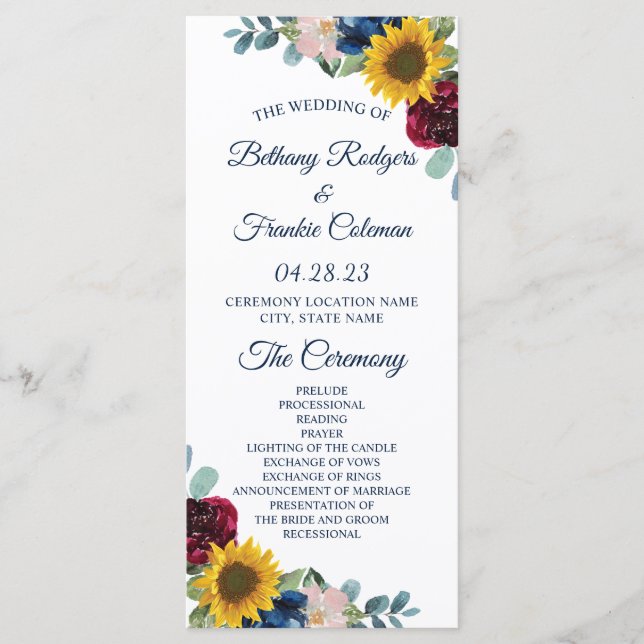 Rustic Botanical Sunflower Floral Wedding Program (Front)