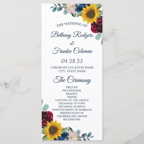 Rustic Botanical Sunflower Floral Wedding Program