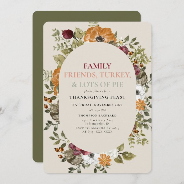 Rustic Botanical Thanksgiving Dinner Feast Party  Invitation (Front/Back)