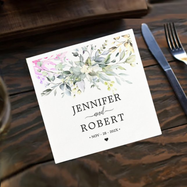 Rustic Botanical Theme | Eucalyptus Wedding Napkins (Enhance your wedding table decor with our Rustic Botanical Eucalyptus Greenery Wedding Napkins.)