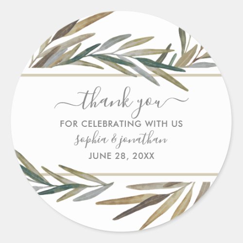 Rustic Botanical Watercolor Herb Wedding Thank You Classic Round Sticker