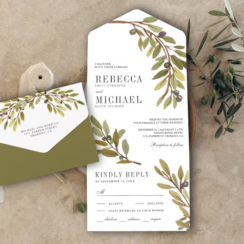 Rustic Botanical Watercolor Olive Branch Wedding All In One Invitation