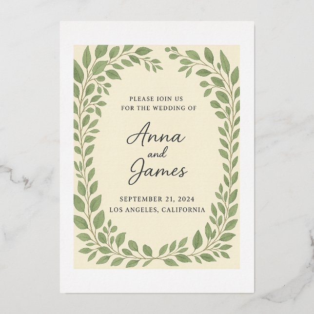 Rustic Botanical Wedding Invitation – Eucalyptus G Foil Invitation (Front)