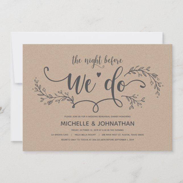 Rustic Botanical wedding rehearsal dinner invites (Front)