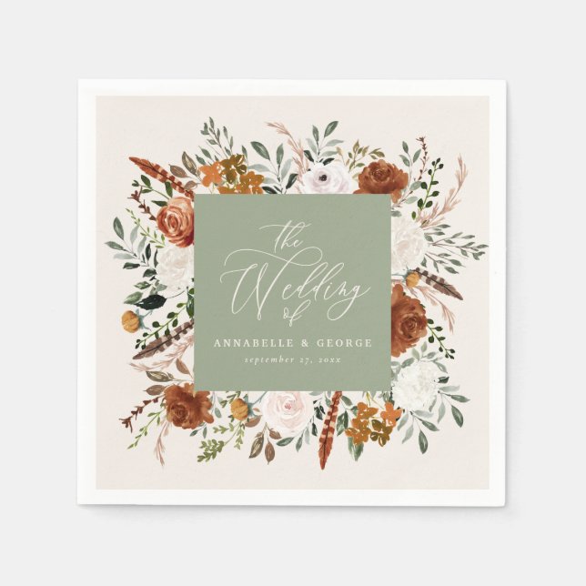Rustic botanical wedding script sage green elegant napkins (Front)