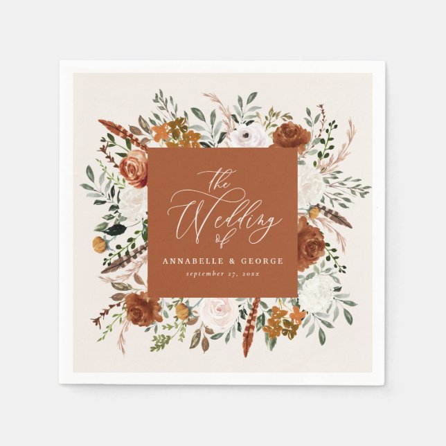 Rustic botanical wedding script terracotta elegant napkins (Front)