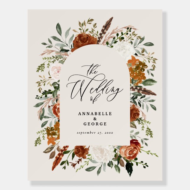 Rustic botanical wedding welcome script terracotta foam board (Front)