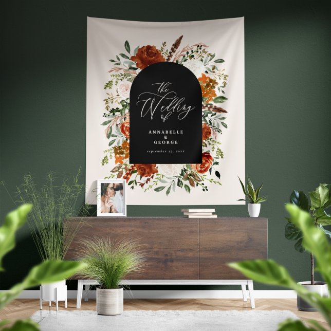 Rustic botanical wedding welcome script terracotta tapestry (Creator Uploaded)