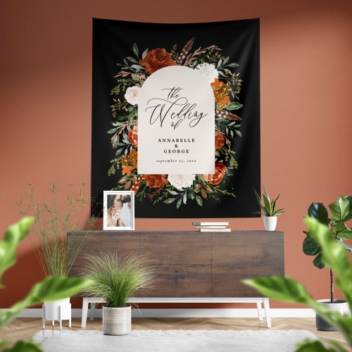 Rustic botanical wedding welcome script terracotta tapestry