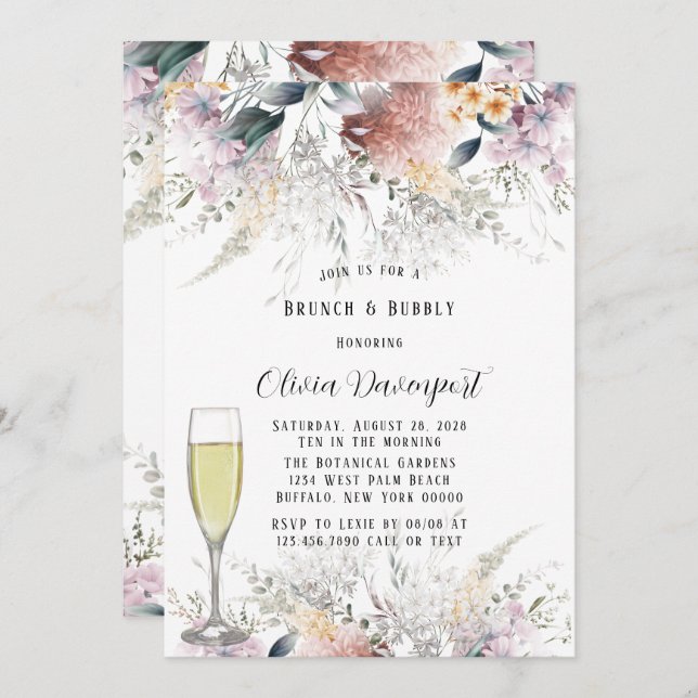 Rustic Botanical Wildflowers Brunch & Bubbly Invitation (Front/Back)