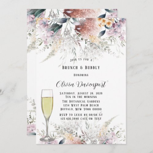 Rustic Botanical Wildflowers Brunch  Bubbly Invitation